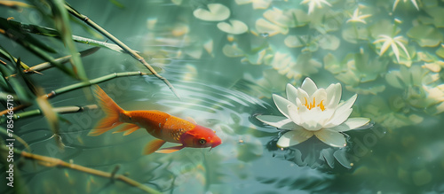 Zen garden pond, a solitar golden fish swimming at the water surfce photo