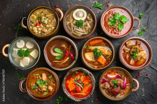 Asian Soups Set with Kespe Soup, Kullama or Beshbarmak, Fish Soup Bouillabaisse