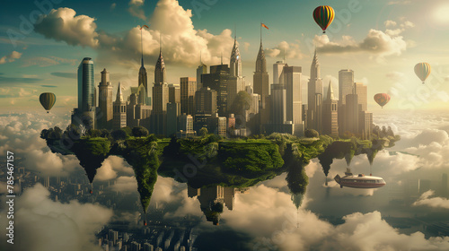 Imaginary Urban Landscape with Suspended Archipelagos and Skyward Vessels photo