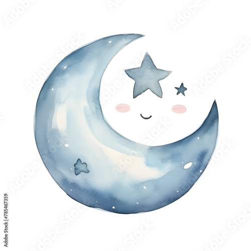cute cartoon moon watercolor style, illustration.