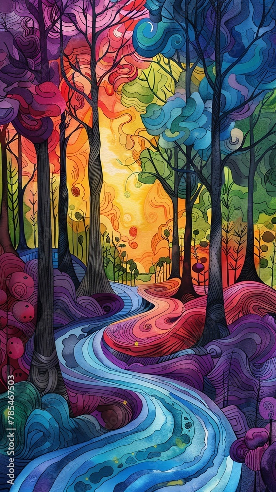 Illustrate a whimsical forest scene with towering trees intertwined with bright, swirling patterns in a surreal watercolor and acrylic blend