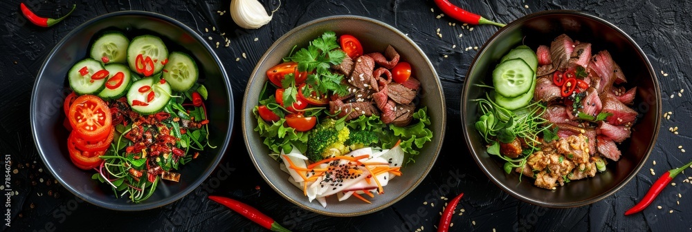 Spicy Salads Set, Salat Collection with Beef Meat and Vegetables Salats Top View, Restaurant Buffet Menu Spicy Salads Set, Salat Collection with Beef Meat and Vegetables Salats Top View, Restaurant Buffet Menu