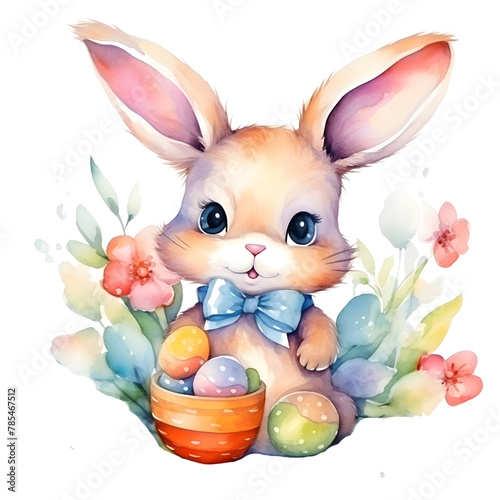 bunny ears and eggs in the basketeaster day watercolor style, illustration.