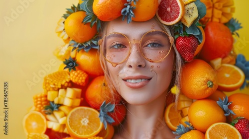 Girl dressed in a fresh fruit costume. Photo of happy woman wearing a dress made of various fruits