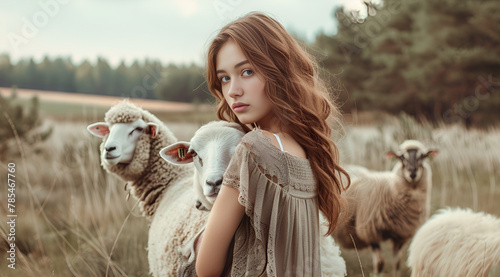 Young woman standing with sheep animal for Muslim tradition Eid ul adha