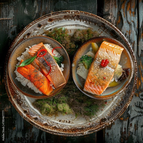 Syrdak, Salmon Steak and Rice on Natural Moss Background, Sea Bass and Red Fish Fillet photo