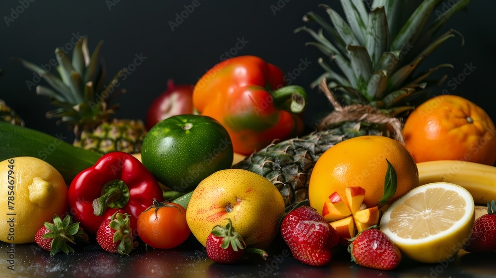 Vibrant selection of assorted fresh fruits and vegetables arranged in a colorful display