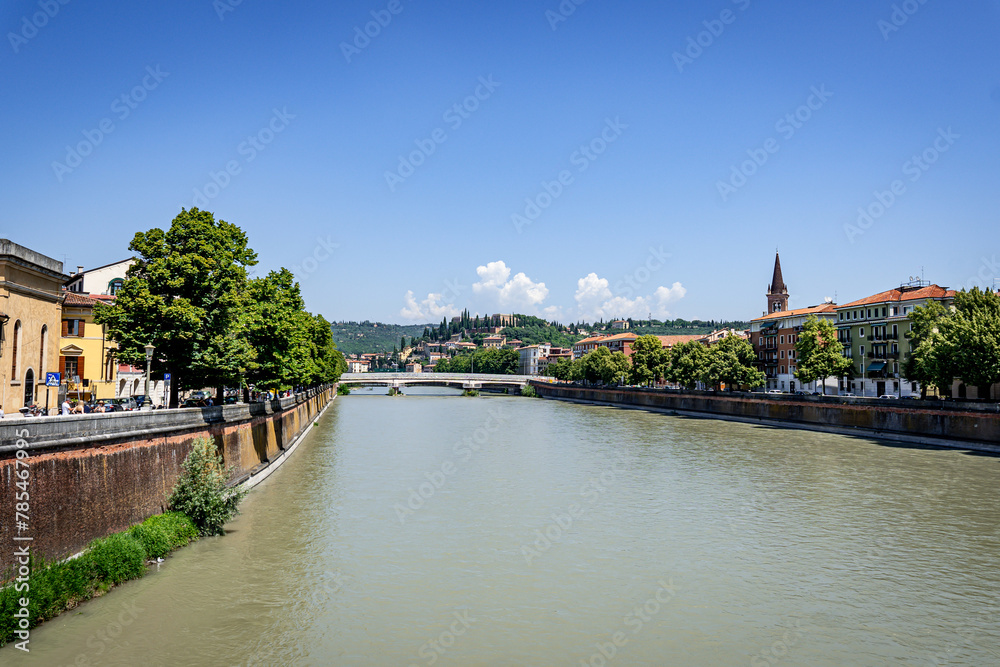 Verona, Italy - August 16 2023: San Pietro verona italy on a hill with cypress trees. Adige river in Verona, Italy