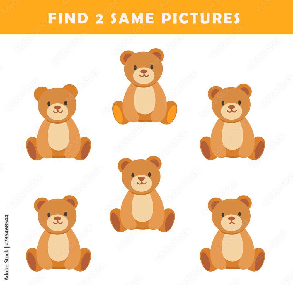Find 2 same pictures. Puzzle game for children. Preschool worksheet activity for kids. Educational game with cute bear illustration. Find 2 same pictures. Puzzle game for children. Preschool worksheet activity for kids. Educational game with cute bear illustration.