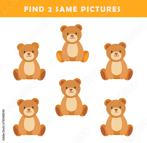 Find 2 same pictures. Puzzle game for children. Preschool worksheet activity for kids. Educational game with cute bear illustration. 