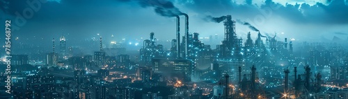 Hidden factory beneath a cityscape, producing unknown tech, night, secretive and massive, wide shot photo