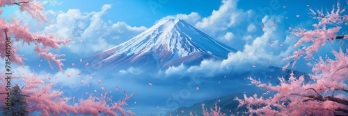 Captivating view of Mount Fuji surrounded by cherry blossoms and a serene cloudscape evoking a peaceful, spring day in Japan