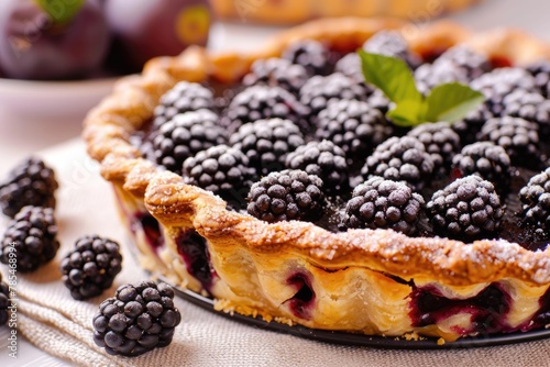 Homemade Blackberry Pie. Closeup of Delicious and Sweet Blackberry Tart with Fresh Berries and Pastry