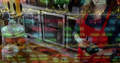 Image of multicolored trading board over caucasian female barista swiping credit card on reader