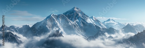 An awe-inspiring image showcasing a towering, snowy mountain peak piercing through a blanket of clouds under a clear blue sky
