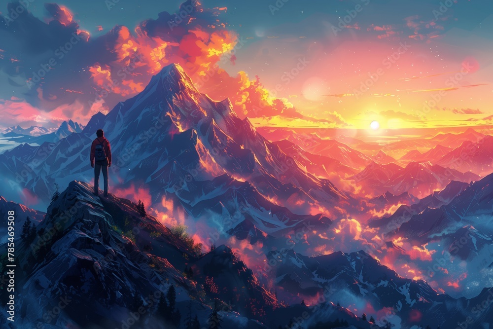 The vibrant twilight ignites the sky as a lone adventurer gazes upon the fiery mountainous expanse - AI Generated