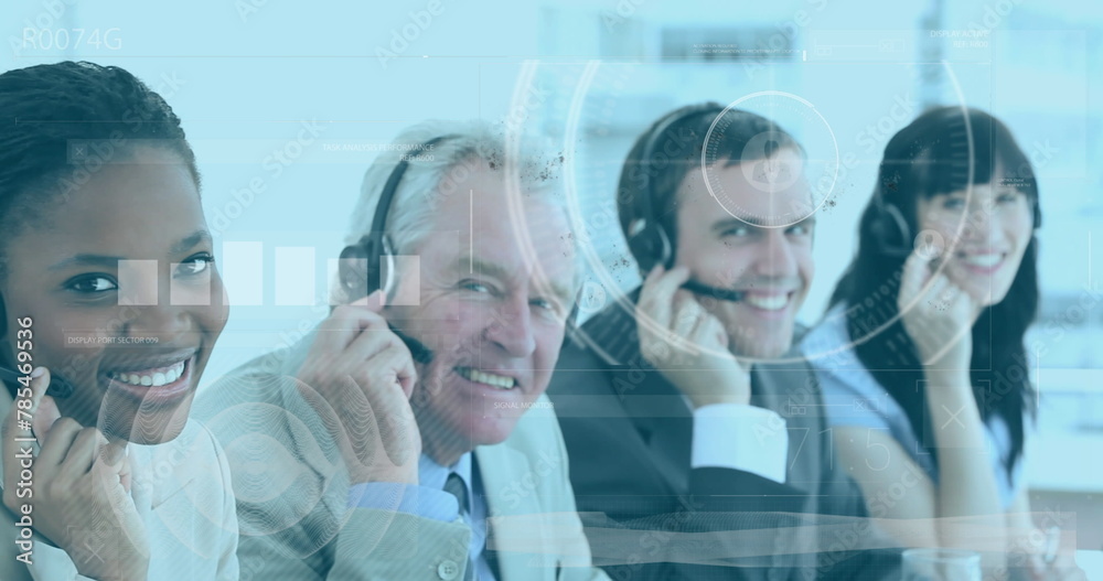 Image of data processing over diverse business people using phone headsets Image of data processing over diverse business people using phone headsets