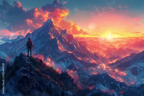 The vibrant twilight ignites the sky as a lone adventurer gazes upon the fiery mountainous expanse - AI Generated © Denis Mamin