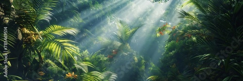 A captivating image capturing sunbeams breaking through the verdant canopy of a dense, tropical rainforest © gunzexx png and bg