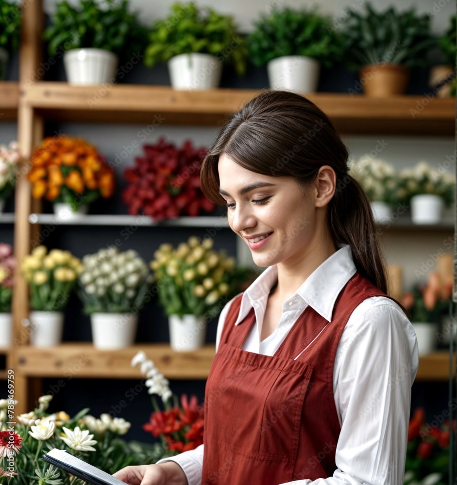 young entrepreneur in a florist's shop looking at her laptop