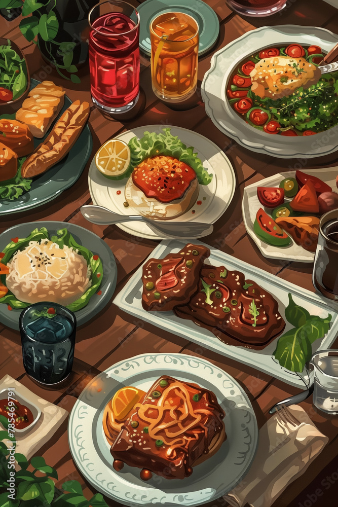 A vector illustration showcasing a delectable feast laid on a wooden table, invoking a sense of taste adventure. Every dish crafted in vivid detail. AI Generated A vector illustration showcasing a delectable feast laid on a wooden table, invoking a sense of taste adventure. Every dish crafted in vivid detail. AI Generated