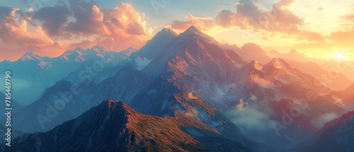 Illustrate a breathtaking digital rendering of a majestic mountain range at sunset, with dramatic shadows and warm hues blending seamlessly in a photorealistic style