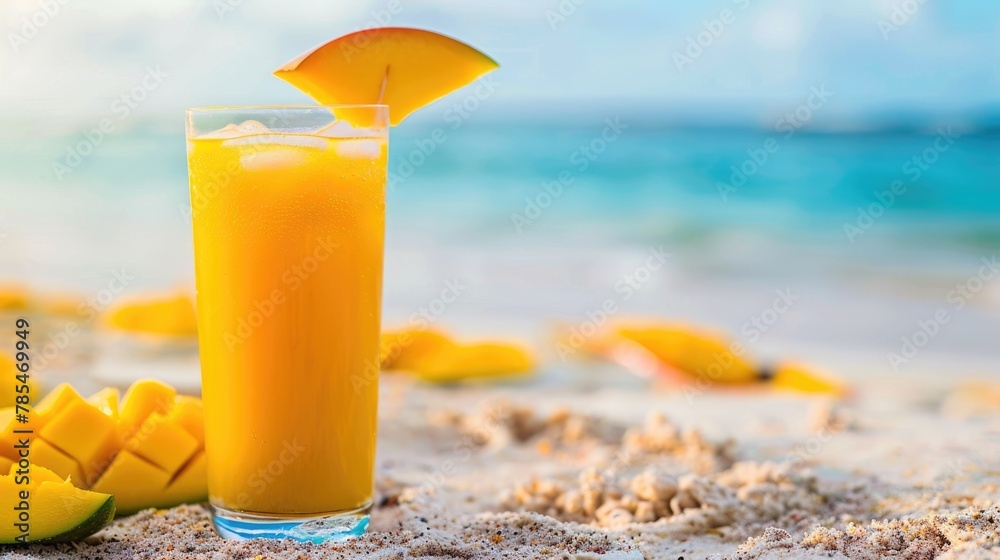 Mango Cocktail on Tropical Beach with Freshly Squeezed Juice. Glasses of Healthy and Refreshing Drink with Mango and Tropical Background