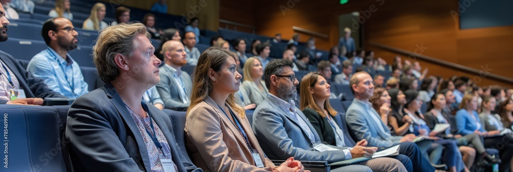 Obraz premium Professional audience focused on a presentation in a large lecture hall