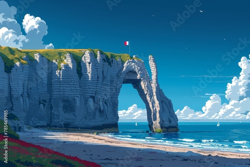 A vector illustration of the iconic natural arch on the Normandy D-Day Beaches under a blue sky, AI Generated.