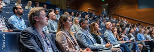 Professional audience focused on a presentation in a large lecture hall
