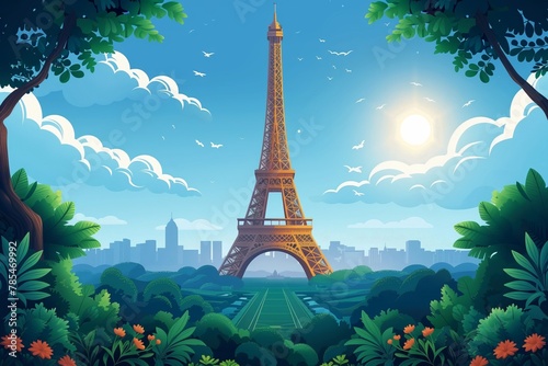 The Eiffel Tower rises majestically, framed by lush greenery under a clear blue sky in this AI Generated illustration.