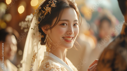 Captured in the golden light of sunset, a young Asian bride's radiant smile shines brightly on her special day.