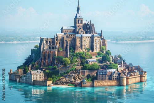 AI-generated vector art of Mont Saint-Michel with a tranquil sea and soft clouds, embodying peacefulness photo