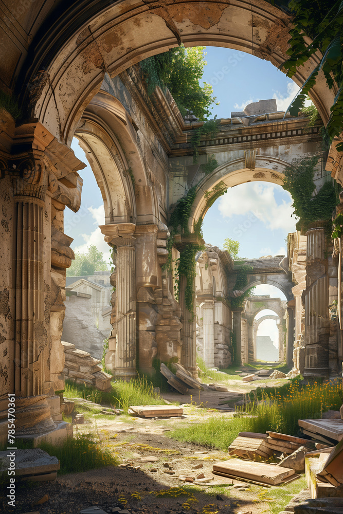 Light streams through the serene archways of ancient ruins, with AI Generated vector design depicting the intersection of history and nature