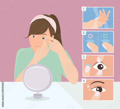 Contact lenses inserts instruction steps.