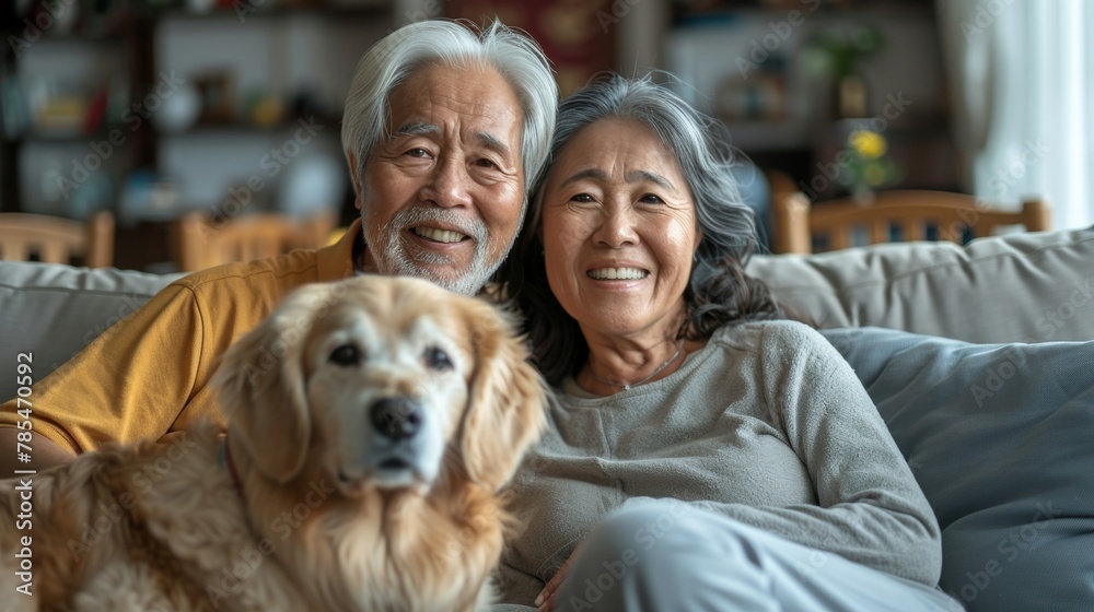 Happy elderly senior japanese couple sit on sofa together with pet therapy in nursing daycare,happy Retired man and woman holding dog while sitting on couch in livingroom at home