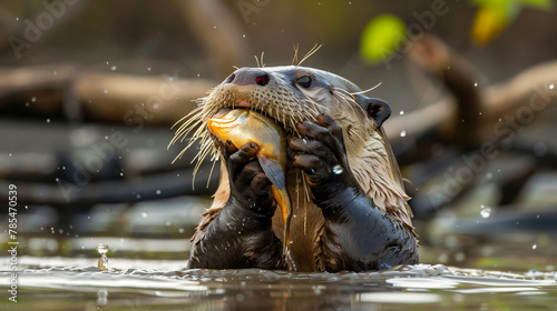 South American Giant River Otter Eating Fish in the Wa