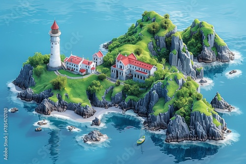 Vector style illustration of a picturesque New Zealand islet with a lighthouse and surrounding cliffs. AI Generated photo
