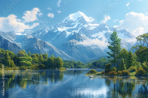 Vector artwork of a tranquil lake reflecting towering peaks in New Zealand, encapsulating peace. AI Generated © Denis Mamin