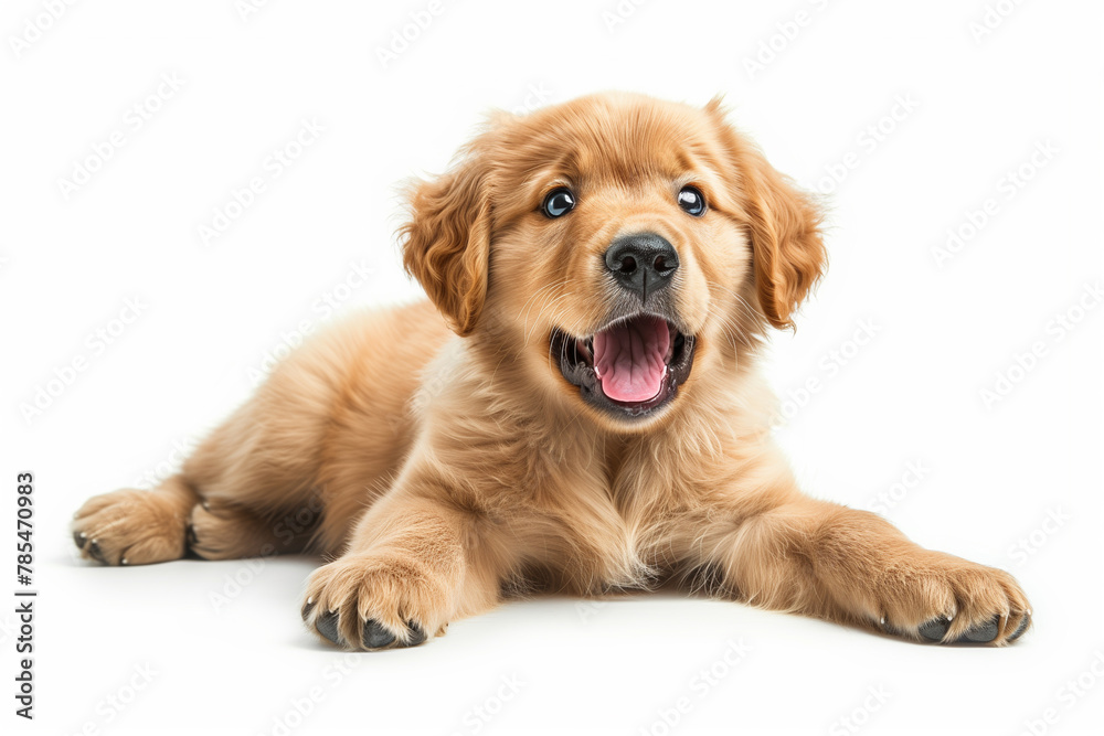 An adorable golden retriever puppy enjoys a moment of relaxation on a white background. An adorable golden retriever puppy enjoys a moment of relaxation on a white background.