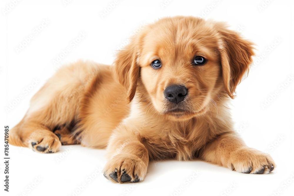 Calm and serene golden retriever puppy reclining on a white background, with a soft, thoughtful gaze.