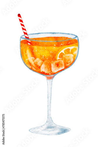 Watercolor orange cocktail drink in glass with ice and slice of lemon, cut out