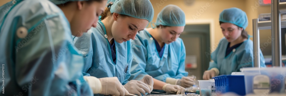 Surgical team concentrating on a procedure in a bright operating room - obrazy, fototapety, plakaty 