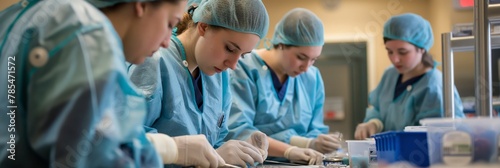 Surgical team concentrating on a procedure in a bright operating room