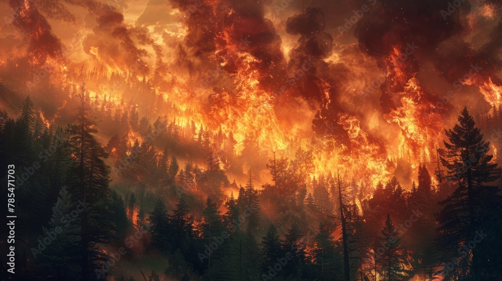 Wildfire's Wrath. Devastating wildfire rages, consuming dense woodland as fiery glow overtakes twilight sky.