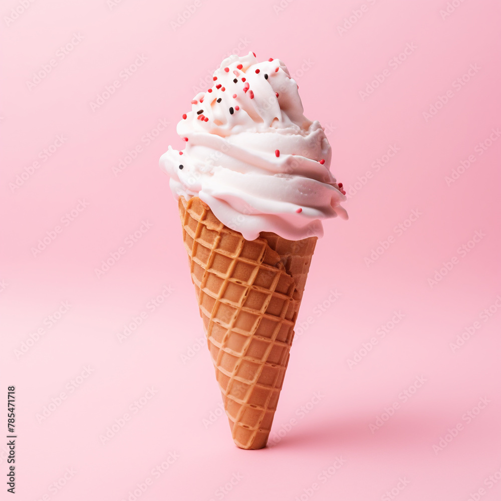 Ice cream on a pink background in a waffle cone. Ice cream on a pink background in a waffle cone.