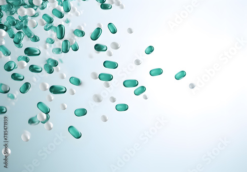 Explosion of colorful pills and capsules in motion background
