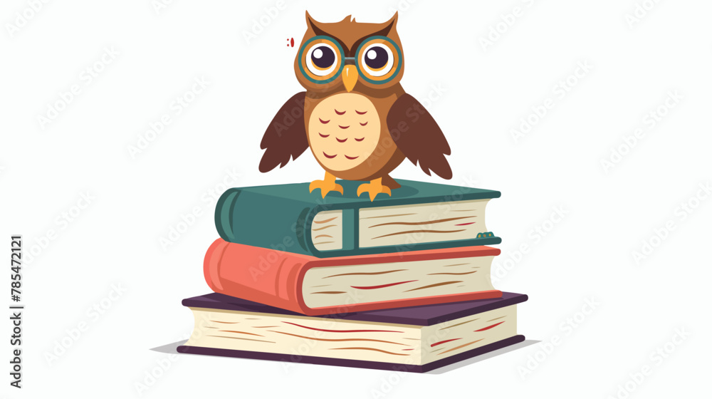 Owl sitting on stack of paper hardcover books. Reading