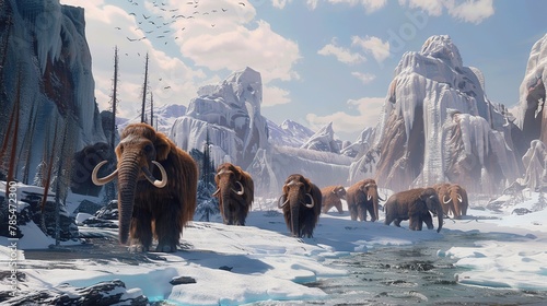 Many woolly mammoths migrated through the icy landscape. first person