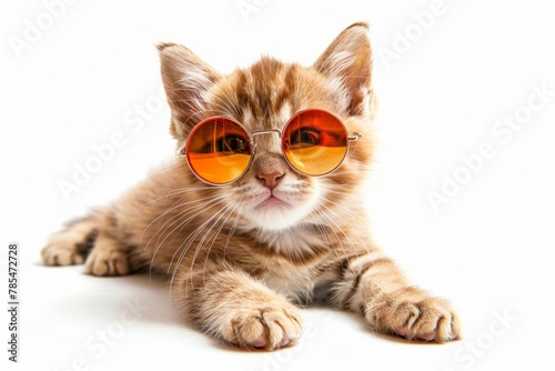 Adorable kitten with orange sunglasses lying on white background.